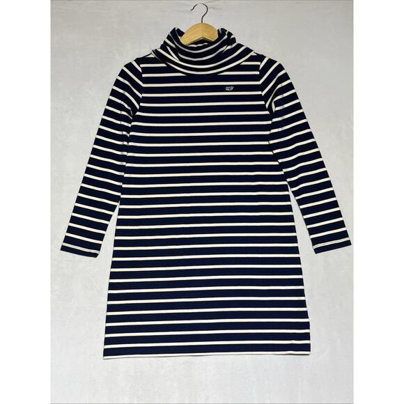Vineyard Vines Girls Large 14 Funnel Neck Stripe Knit Dress Blue White Cotton - Picture 2 of 16